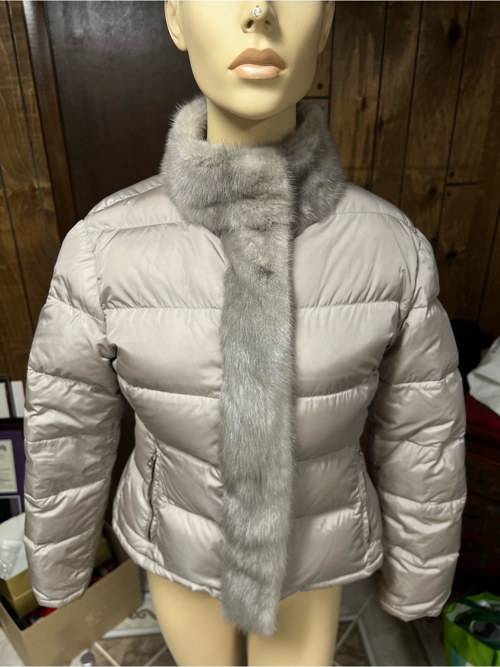 Prada Light Gray Puffer Jacket with Faux-Fur Trim and collar